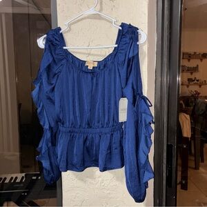 London Rose Blue Satin Smocked Waist Ruffle Blouse Top Small